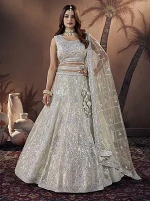 Off-White Wedding Wear Zari Sequence Heavy Handwork Bridal Latkan Floral Lehenga With Blouse And Dupatta