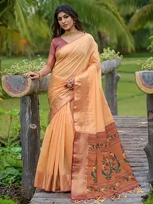 Jacquard  Weaving  Linen Cotton Saree With Contrast Tassels Pallu