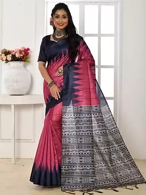 Tussar Silk Saree With Temple Print Border And Contrast Pallu