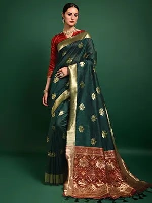 Elegant Zari Weaving Tussar Silk Saree With Zari Buttas And Tassels
