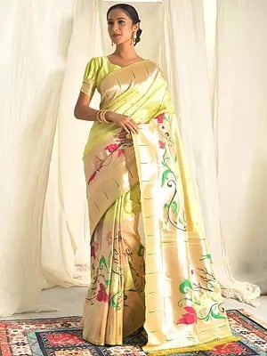 Meenakari Zari Woven Floral Pattern Paithani Silk Saree With Blouse