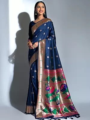 Lotus Flower Pallu Zari Woven Paithani Silk Saree With Tassels And Blouse