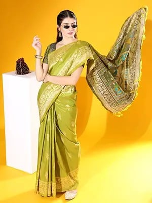 Kalamkari Handloom Raw Silk Saree With Peacock Border And Tassels Pallu