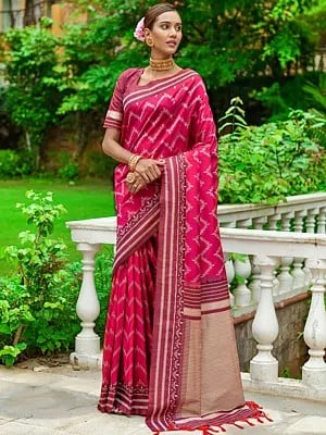 Zig-Zag Pattern Handloom Raw Silk Saree With Blouse For Women