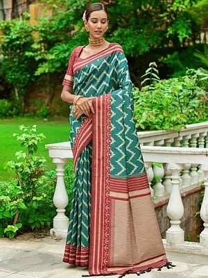 Zig-Zag Pattern Handloom Raw Silk Saree With Blouse For Women