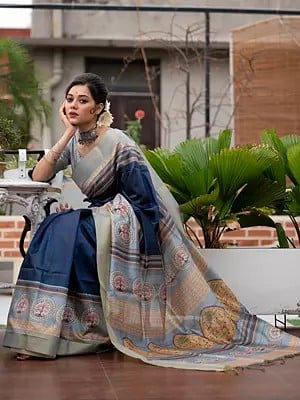 Digital Printed Tussar Silk Saree With Broad Border And Warli-Art Pallu