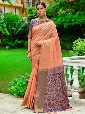 Beautiful Bandhani Woven Linen Saree With Floral And Tassels Pallu
