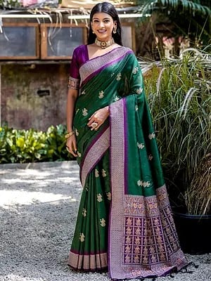 Attractive Meenakari Butti Tussar Silk Saree With Tassels Pallu