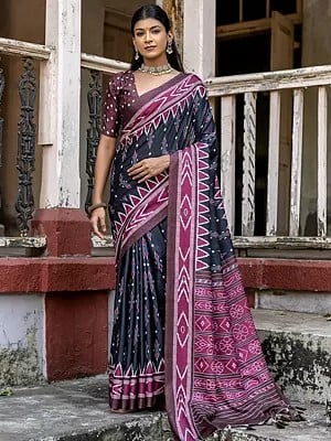 Ikat Pattern Printed Border Zari Woven Cotton Silk Saree With Tassels Pallu And Blouse