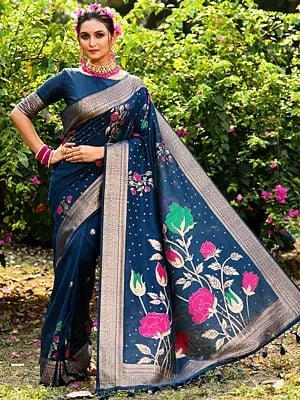 Floral Pallu Zari Woven Banarasi Silk Saree With Attractive Border And Tassels Pallu