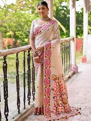 All Over Thread Woven Muga Cotton Saree With Floral Pallu