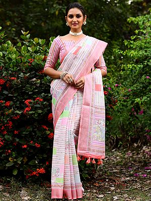 Casual Linen Jamdani Floral Woven Saree With Blouse For Women