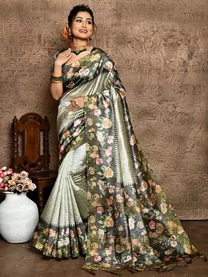Digital Printed Flowers Silk Saree In Casual Look With Tassels Pallu And Blouse