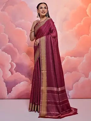 Self Zari Woven Border Cotton Saree With Striped Pallu And Blouse
