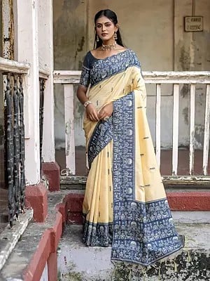 Traditional Warli Designed Handloom Raw Silk Saree With Tassels Pallu And Blouse