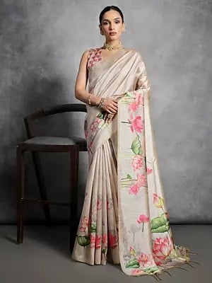 Lotus Flower Printed Saree In Soft Tussar Silk With Blouse And Tassels Pallu