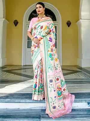 Paithani Silk Floral Patterned Zari Woven Tassel Saree And Golden Border-Pallu With Blouse