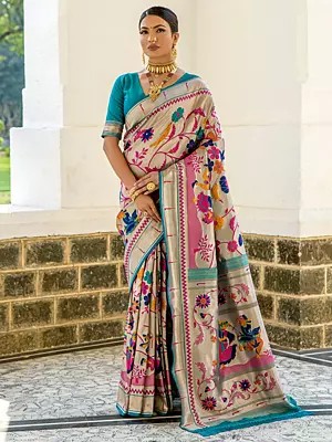 Paithani Silk Floral Patterned Zari Woven Tassel Saree And Golden Border-Pallu With Blouse