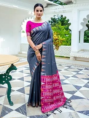 South Silk Silver And Copper Zari Weave Saree And Unique Temple Border With Fancy Ikkat Pallu