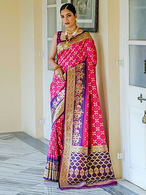 Festival Wear Banarasi Silk Meenakari Bandhani Woven Art Silk Jacquard Border Saree With Blouse