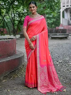 Contrast Zari Woven Border Soft Silk Saree And Flower Design Pallu With Blouse