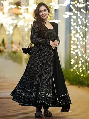 Black Faux Georgette Embroidered And Sequins Design Gown With Dupatta
