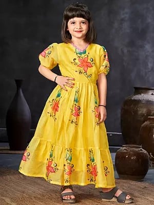 Beautiful Floral Motifs Dress With Round Flair For Kids