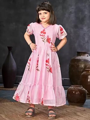 Light-Pink Floral Printed Dress With Round Flair For Girls