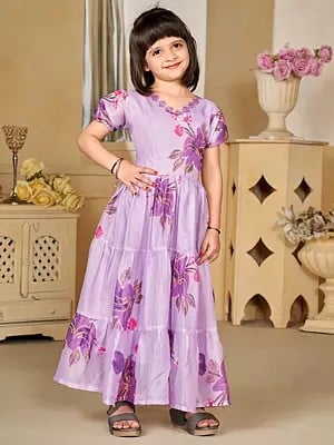 Lavender Digital Printed Floral Motifs Frock With Round Flair