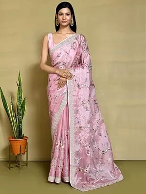 Flower Sequin Stone Embroidered Satin Silk Saree With Blouse