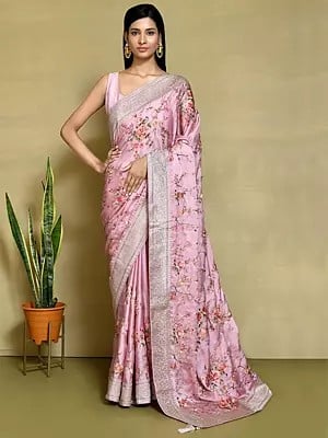Satin Silk Embroidered Woven Design Border Floral Saree With Blouse