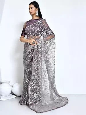 Sequin Embroidered Blackberry Jam Net Saree With Blouse