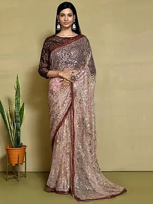 Net Sequin Embroidered Pale Chestnut Saree With Net Blouse