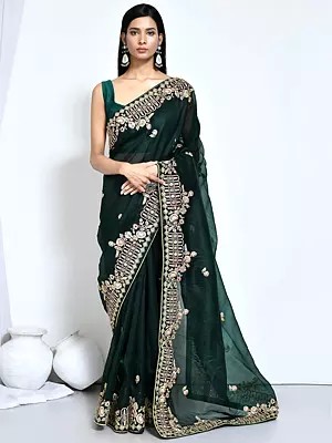 Medium Jungle Green Organza Silk Embroidered Stone Work Border Saree With Blouse