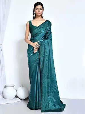 Floral Embroidered Stone Border Larkspur Satin Silk Saree With Blouse