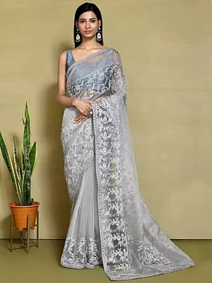 Glacier Grey Summer Wear Floral Embroidered Net Organza Satin Silk With Blouse