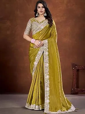 Rich Gold Banarasi Crush Silk Embroidered Saree With Stitched Blouse