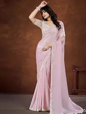 Baby Pink Crepe Satin Silk Cord Embroidered Saree With Stone Moti Work In Border And Blouse
