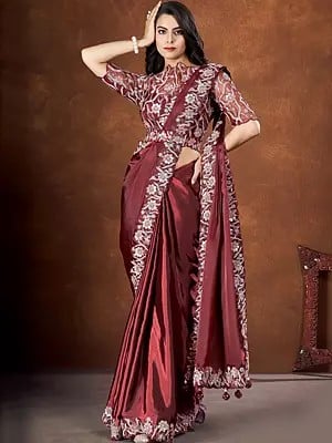 Crepe Satin Silk Embroidered Flower Border Charleston Cherry Saree With Net Stitched Blouse
