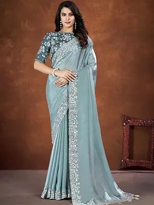 Colonial Aqua Crepe Satin Silk Embroidered Saree With Stone Moti Work In Border And Stitched Blouse