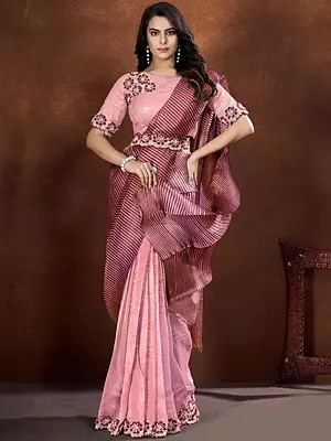 Crepe Satin Silk Embroidered Applique And Moti Work Saree With Georgette Blouse