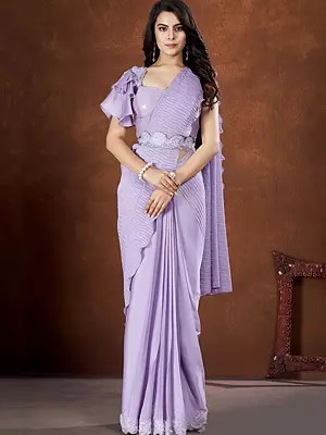 Crepe Satin Silk Embroidered Saree With Right Sholder Designer Blouse