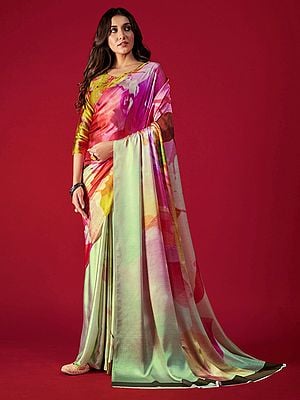 Floral Print Crepe Satin Silk Saree with Blouse