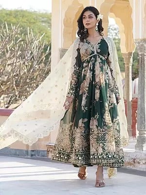 Earhart Emerald Green Flower Designer Embroidered Zari Sequins In Border Side Digital Printed Russian Silk Gown With Dupatta
