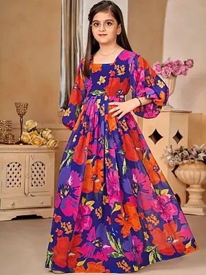 Georgette Heavy Digital Printed  Multi Color Flower Pattern Anarkali Gown For Kids