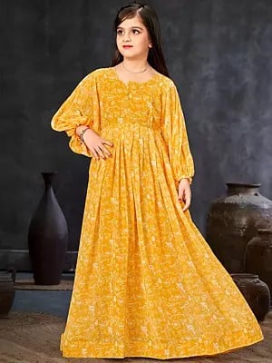 Rowdy Orange Georgette Heavy Digital Printed Flower Pattern Anarkali Gown For Kids