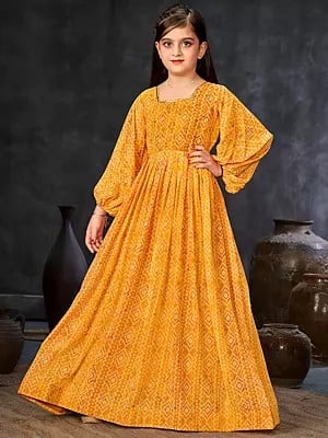 Radiant Yellow Georgette Heavy Digital Printed Traditional Pattern Anarkali Gown For Kids