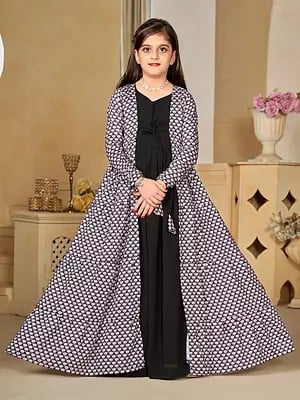 Muslin Black Onyx Floral Digital Print Full Round Flair 2 Piece Shrug Set Indo-Western Suit For Kids