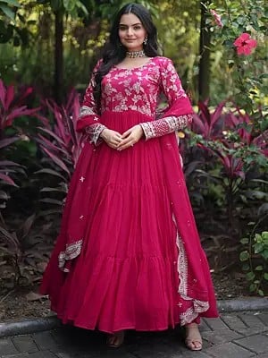 Flower Designer Sequins Embroidered Faux Blooming Viscose Jacquard Gown With Dupatta