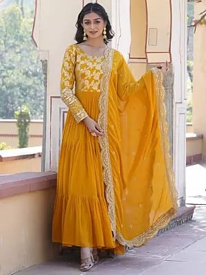 Designer Sequin Full Sleeve Embroidered Faux Blooming Viscose Jacquard Flower Designer Gown With Dupatta